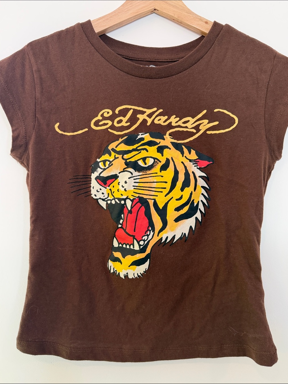 Ed Hardy Brown Tee with Yellow & Red Tiger Graphic